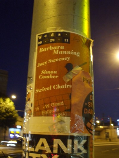 Poster by Jeremy from the Swivel Chairs - attached to lamppost by Jim Moran, righteous show-booking dude. 